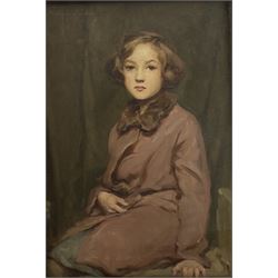 Percy Harland Fisher (British 1867-1944): 'Eileen' half length portrait, oil on canvas, titled verso on artist's address label 'Gorseland, Camberley, Surrey' 45cm x 30cm