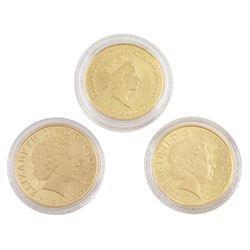 Queen Elizabeth II 'Queen Mother Gold Proof Crown Set', comprising three 22ct gold five pound coins dated 1990, 2000 and 2002