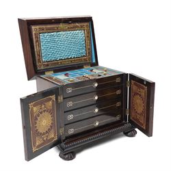 Early Victorian rosewood and mother of pearl inlaid sewing, jewellery, and writing casket  with hinged lid, the upper section fitted for sewing implements, above four drawers, the bottom drawer with writing slope and on compressed fluted feet H36cm x W34cm