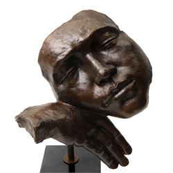 After Salvador Dali (Spanish 1904-1989): Dreams, bronze figure with head resting on hand, mounted on black marble base, H40cm 
