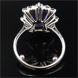  White gold emerald cut purple sapphire and diamond cluster ring, hallmarked 18ct  
