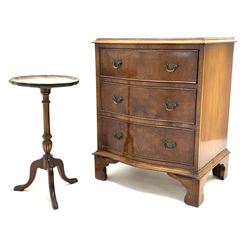 Reproduction serpentine walnut chest fitted with three drawers (W54cm, H67cm, D41cm), and a small tripod wine table (H51cm)