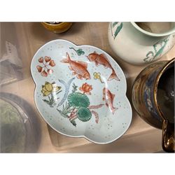 Elesva Holland blue and white part tea service, Capodimonte style figure group 'The Card Players', Oriental bowl of shallow form decorated with painted koi fish and sea plants, L25cm and Quantity of cutlery to include silver plated examples, together with glass carafe and decanter with stopper, Framed Aboriginal Art Print, by Danny Eastwood, ceramics etc