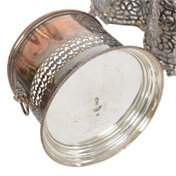 Silver plated twin handled bottle holder bottle, together with another bottle coaster and other plated items