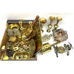 Quantity of brass to include Victorian roasting bottle jack by John Linwood, pair of candlesticks and further miniature candlesticks, rectangular tray, vases etc in two boxes
