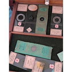 Victorian collector's specimen cabinet, containing a number of prepared microscope slides including miniature photographs, animal and human pathological, physiological and histological specimens and botanical specimens, mostly annotated in ink, the cabinet with glazed door, the drawers with bone handles and lined with green felt, owned by Dr Arthur Bristow, together with a picture of the doctor, cabinet H43cm