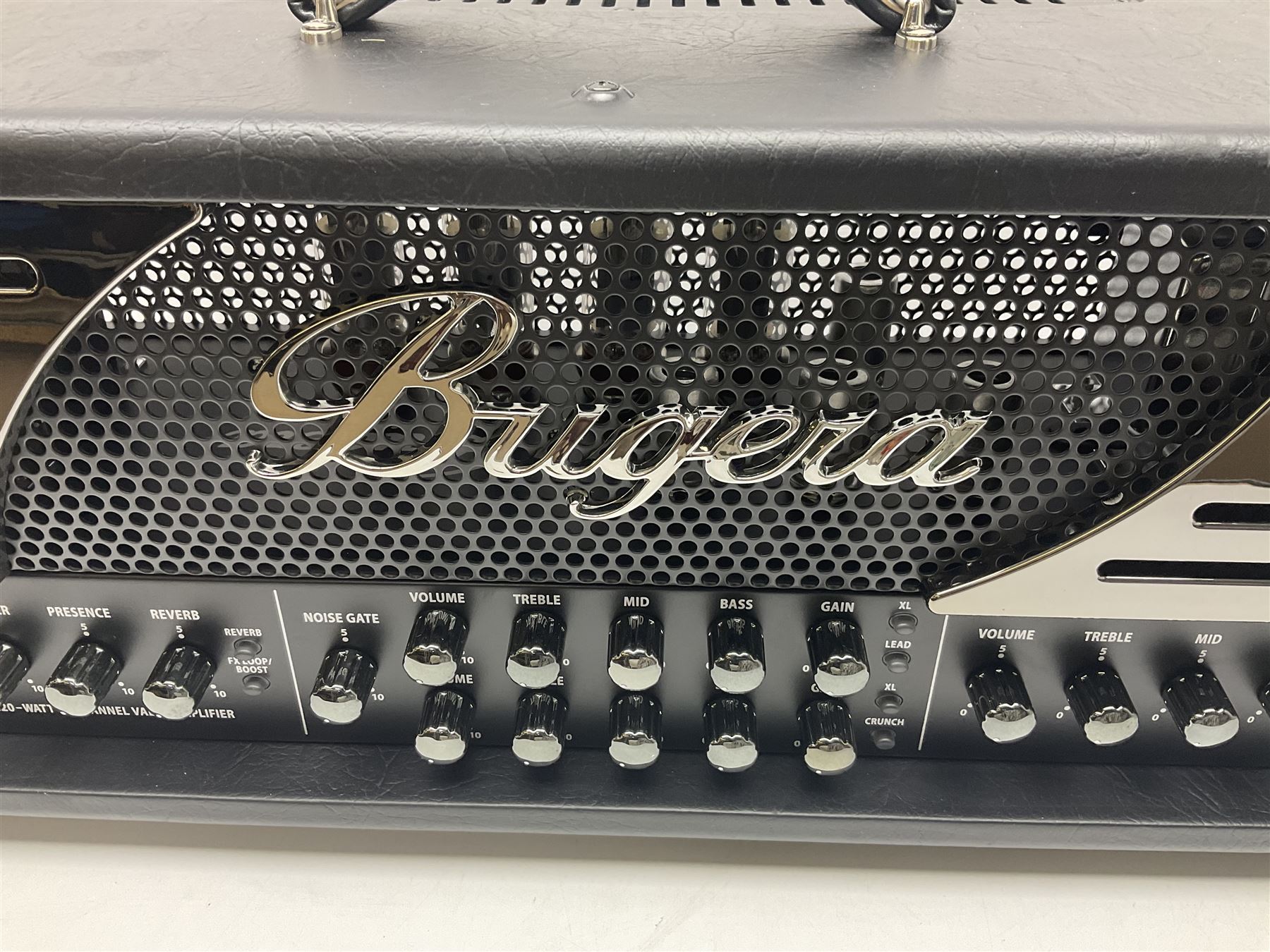 As new Bugera 333XL Infinium Hardcore 120-watt 3-channel tube amplifier head with reverb and Infinium tube life multiplier; date code 1507; number S1500576AAC L69cm; boxed with foot controller, power cable and paperwork