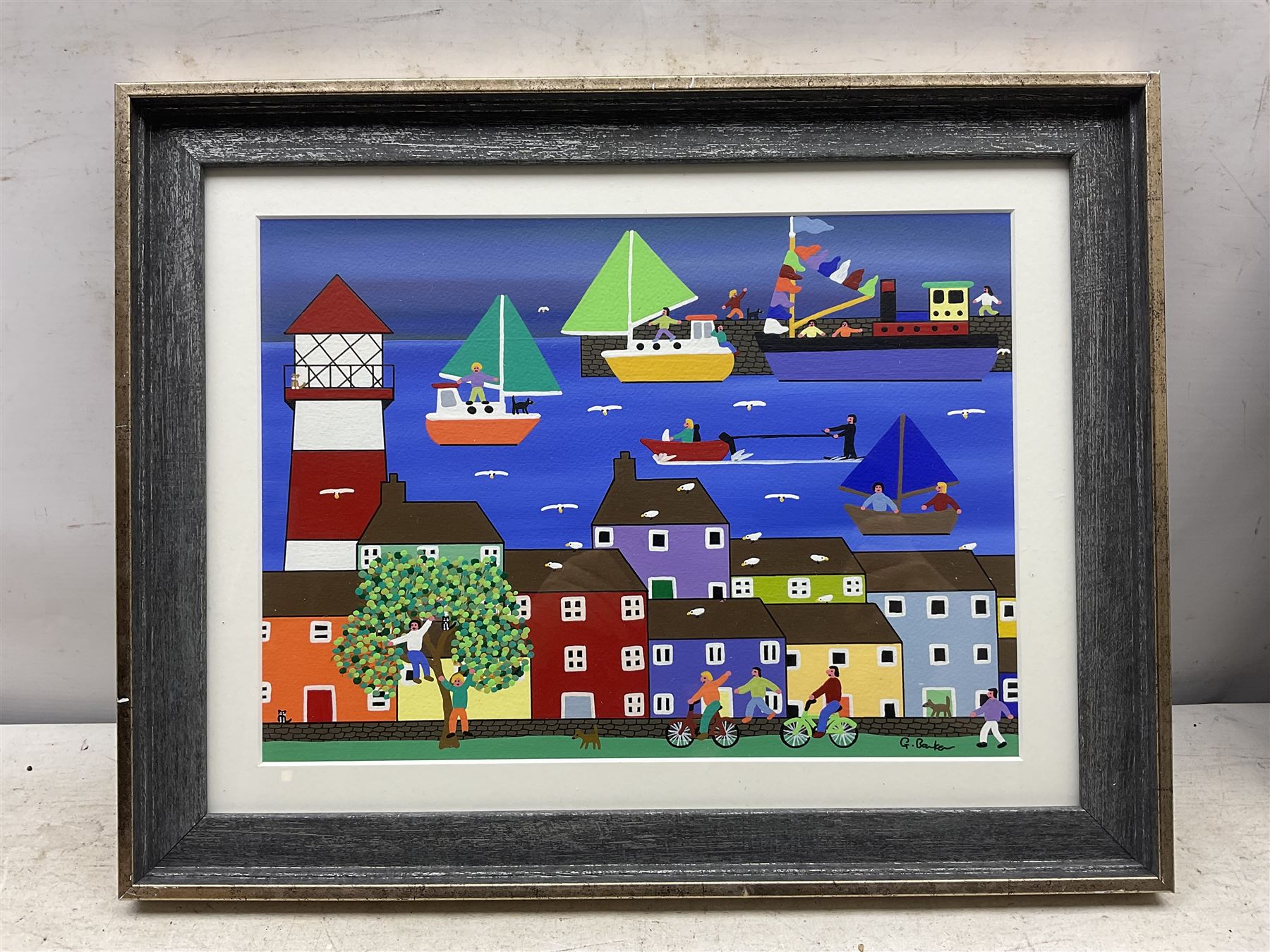 Gordon Barker (British 1960-): Cycling by the Harbour, acrylic on paper signed 25cm x 34cm 
