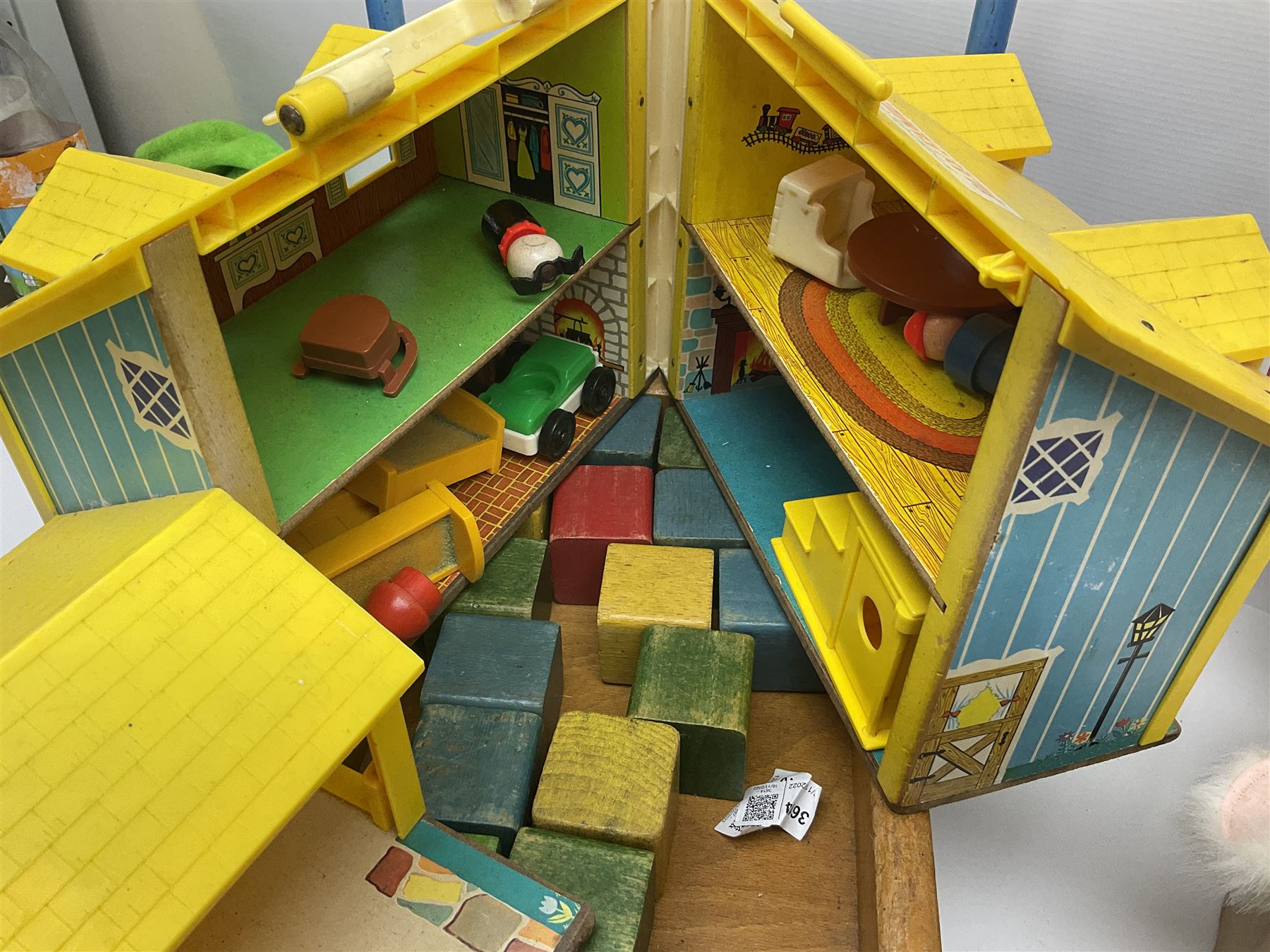 Selcol Beatles New Sound toy guitar, Triang baby walker, Mamod steam engine, wooden Noahs Ark toy, quantity of diecast cars and plastic soldiers and a collection of other toys and board games, in five boxes