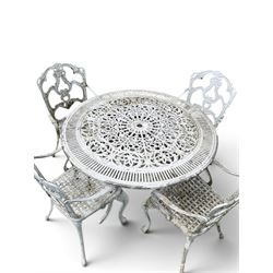 Victorian style cast aluminium white painted garden table and four armchairs chairs with S-scroll acanthus leaf pierced backs over lattice seats