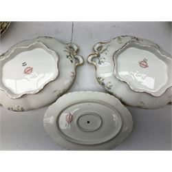 French Haviland Limoges part dinner service, decorated with floral sprays and gilding, to include two lidded tureens, thirteen plates, oval serving platter, etc, all stamped H & Co Made in France for James Green & Nephew (17) 