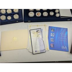 Large collection of modern commemorative coins, mostly being silver proof, including Queen Elizabeth II Bailiwick of Guernsey 1999 'Sir Winston Churchill' one pound, 2000 'HM Queen Elizabeth The Queen Mother', various sterling silver proof coins from the 'Golden Wedding Anniversary Silver Collection' including Bailiwick of Guernsey 1997 five pounds, Bermuda 1997 two dollars, Republic of Malawi 1997 five kwacha, Falkland Islands 1997 five pounds, Bailiwick of Jersey 1997 five pounds, Alderney 1997 two pounds etc, various sterling silver proof and portrait highlighted in gold coins from the 'Golden Jubilee Collection' including Cayman Islands 2002 two dollars, Bailiwick of Guernsey 2003 five pounds etc, housed in various coin displays or cases, mostly with certificates