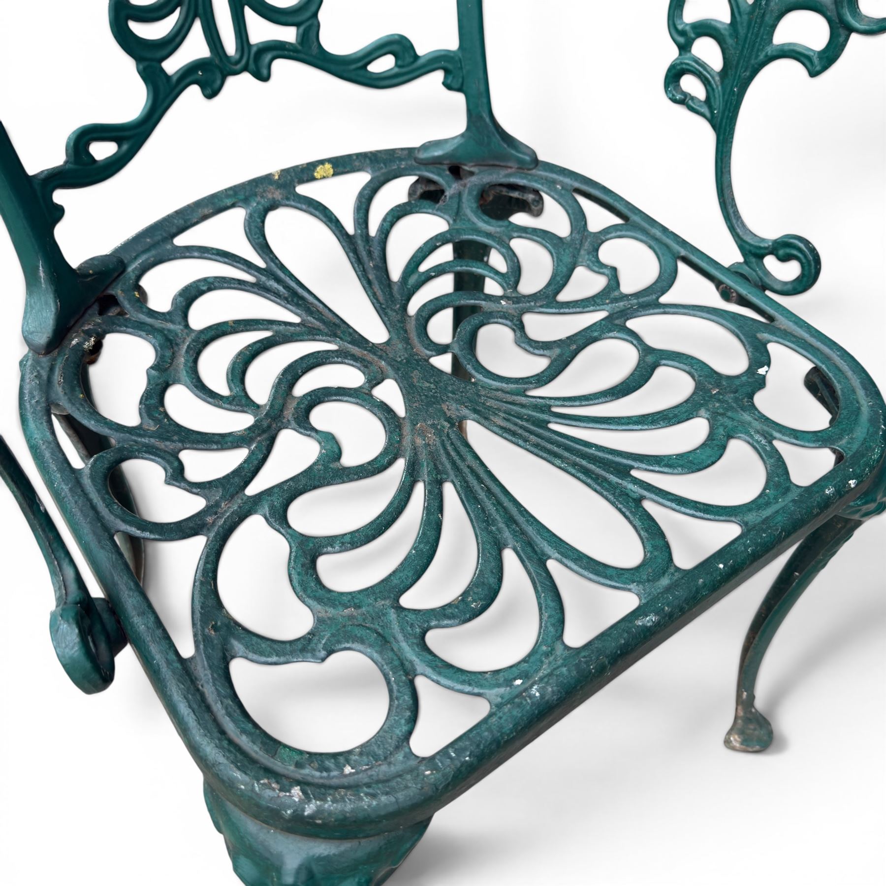 Victorian style cast aluminium garden table and four armchairs chairs in a weathered green finish