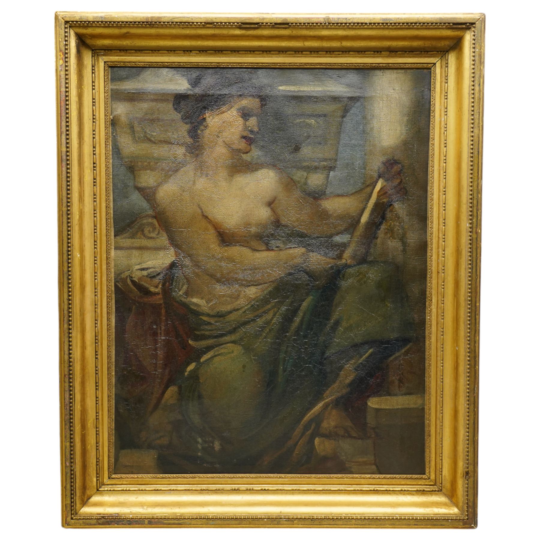 Italian Neoclassical or Renaissance Revival School (19th century): The Muse Calliope Composing Epic Poetry beneath Classical Ruins, oil on canvas unsigned 57cm x 45cm