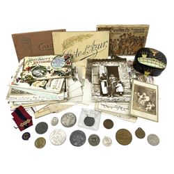 Quantity of post cards, two post card books, reproduction/fantasy coins, black lacquer box decorated with cat etc