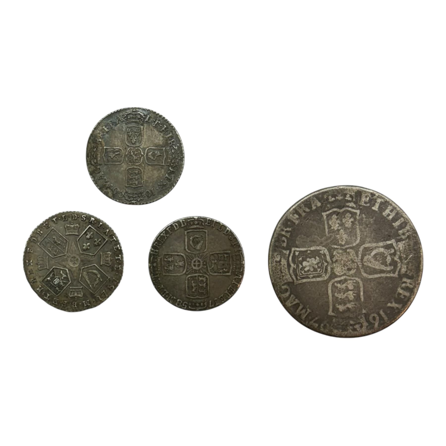 Three silver sixpence coins, dated William III 1696, George II 1758, George III 1787 and William III 1697 halfcrown (4)