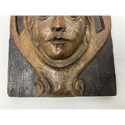 19th/20th century oak ecclesiastical wall plaque carved in relief depicting a portrait within a scrolling shield, H20cm, L15cm 