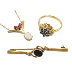 Gold jet brooch, opal and ruby necklace and a sapphire cluster ring, all hallmarked 9ct