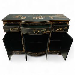 Late 20th century Chinese black lacquered sideboard, serpentine front fitted with three baize-lined drawers over four panelled cupboard doors, decorated throughout with gilt and polychrome figural and landscape scenes, on shaped apron and bracket feet 
