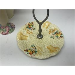 Collection of 1930s ceramics, comprising Shorter & Son jug with bird handle, set of three J.H.W & Sons graduating jugs, Clarice Cliff My Garden pattern vase and Celtic Harvest pattern cake plate and a Burleigh Ware sandwich plate set, bird jug H21cm