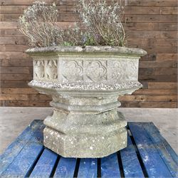 Large gothic design octagonal cast stone centre-piece urn olanter, quatrefoil decoration 
