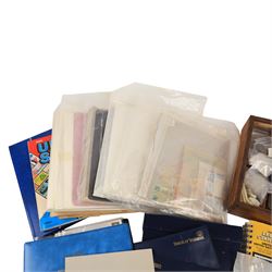 Great British and World coins and stamps, including USA 1984 stamp and cover collection, 'America Remembers the World at War' first day cover collection, numerous pre-decimal coins, etc, in one box