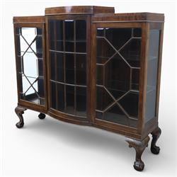  20th century large mahogany breakfront bookcase, with astragal glazed doors revealing an adjustable glass shelved interior, raised on ball and claw feet 