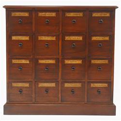 Victorian style mahogany stained chemist’s cabinet, rectangular moulded top over sixteen small drawers, each fitted with turned knob handle and applied gilt paper pharmaceutical labels, on moulded plinth base