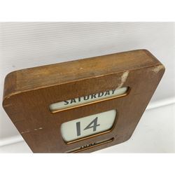 Wooden wall mounted perpetual calendar with printed rollers and chrome plated knobs to side, H30cm W27cm