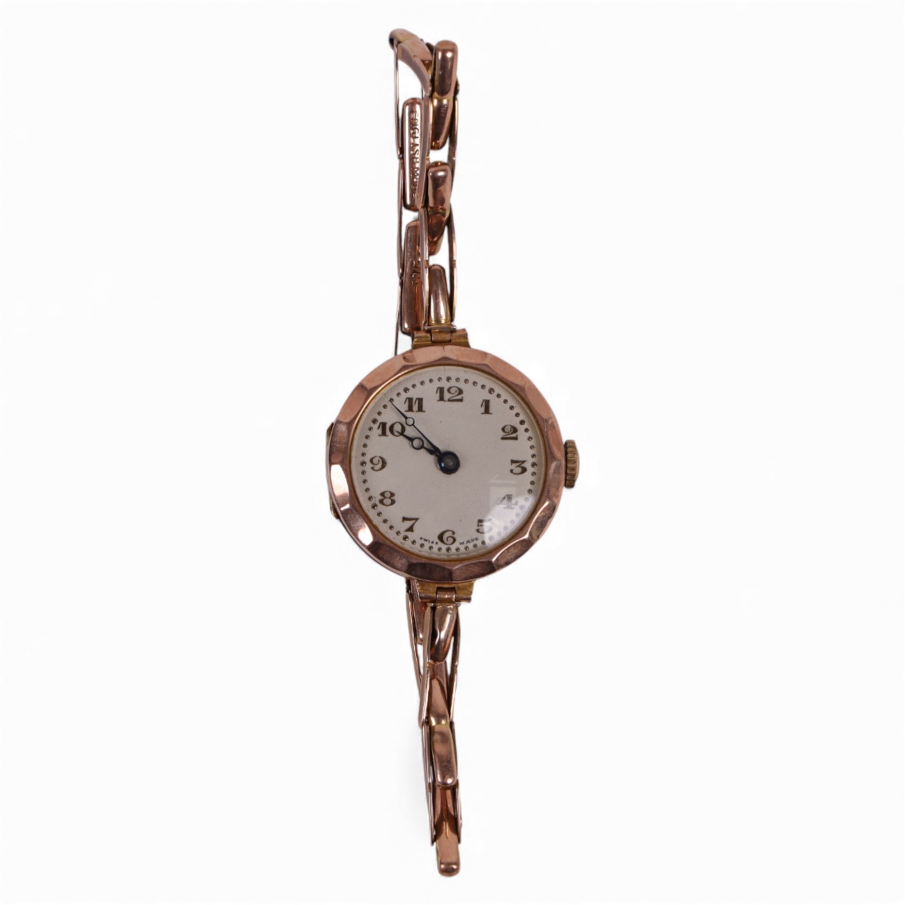 9ct gold ladies manual wind wristwatch, on 9ct gold expanding strap