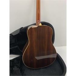  Yamaha model LLX6A acoustic/electric guitar with rosewood back and sides and spruce top, fitted with Yamaha tuner, serial no. QPH150011, L104cm, in hard carrying case. From the collection of the late John Burgess of Beverley who played in the bands Penjants, Wine, Strollers, Revox, Sound Foundation, Pickle Belly Alley, Ragamuffins and Jerryattricks.