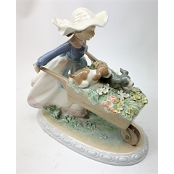 A Lladro figurine, 'Barrow of Fun' Model 5460, H20.5cm, together two further Lladro figurines, 'Litter of Fun' Model 5364, and 'It wasn't me' Model 7672. 