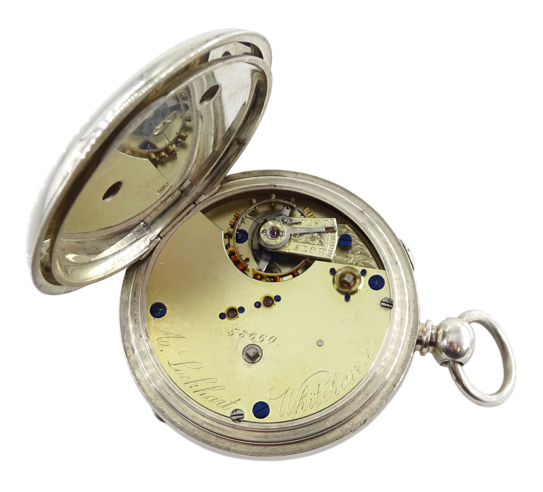 Victorian silver open face face key wound chronograph pocket watch by A. Lockhart, Whitehaven, No. 58660, white enamel dial with Roman numerals, outer seconds track numbered 25-300, case makers mark L A, London 1886