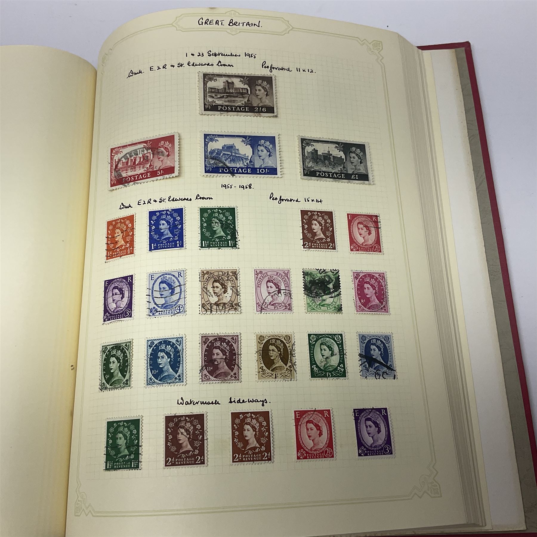 Mostly Great British Queen Victoria and later stamps, including penny black with red MX cancel, 1840 two pence blue with red MX cancel, imperf penny red with black MX cancel, perf penny reds, various Queen Victoria surface printed issues, King Edward VII two shillings sixpence and five shillings, King George V seahorses with values to ten shillings, King George VI with ten shilling dark blue used, Queen Elizabeth II pre and post decimal etc, housed in 'The Simplex Blank Album'