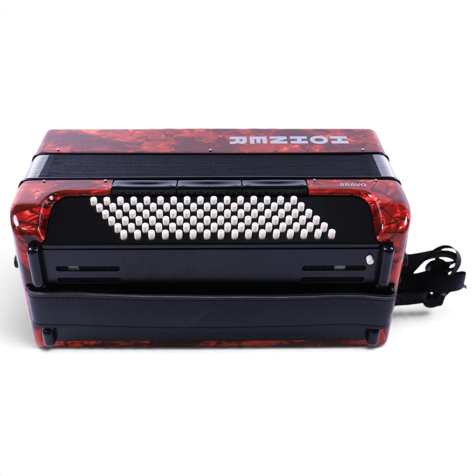 Hohner Bravo III accordion, with 96 bass buttons, pearlescent red case, with Hohner soft carry case and a Microvox microphone