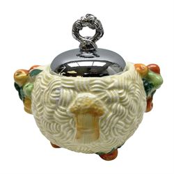 Clarice Cliff Celtic Harvest pattern sugar bowl, with original silver plate cover upon basket weave effect spherical body decorated with raised stylised fruit, H11cm