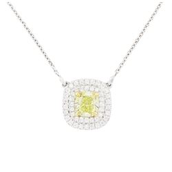 18ct white gold diamond pendant necklace, single cushion cut fancy yellow diamond of 1.05 ...