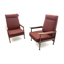 Guy Rogers - pair 1960s ‘Manhattan’ teak framed open armchairs, upholstered seat and back, turned supports