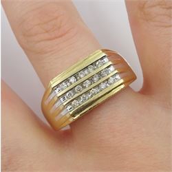 9ct gold three row channel set round brilliant cut diamond signet ring, hallmarked