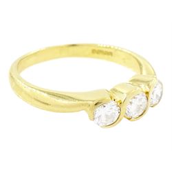 18ct gold diamond three stone ring, half bezel set with round brilliant cut diamonds, London 2002, total diamond weight approx 0.75 carat