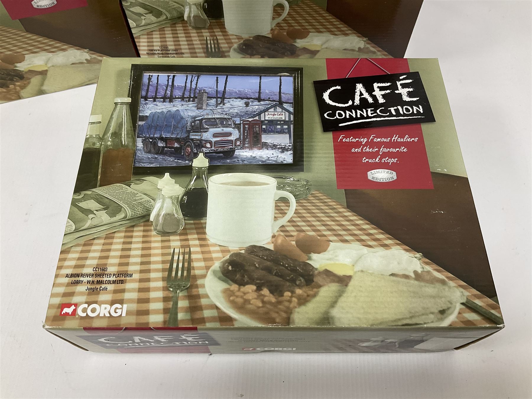 Corgi - six Cafe Connection boxed sets to include CC10501 ERF K. Platform Lorry - Richard Read (Transport) Ltd. Coronation Cafe; CC10801 Foden S21 Tipper with Gravel Load - Moreton C Cullimore & Son Ltd. The Towers; CC11603 Albion Reiver Sheeted Platform Lorry - W.H. Malcolm Ltd. Jungle Cafe; with three further examples, all boxed (6)