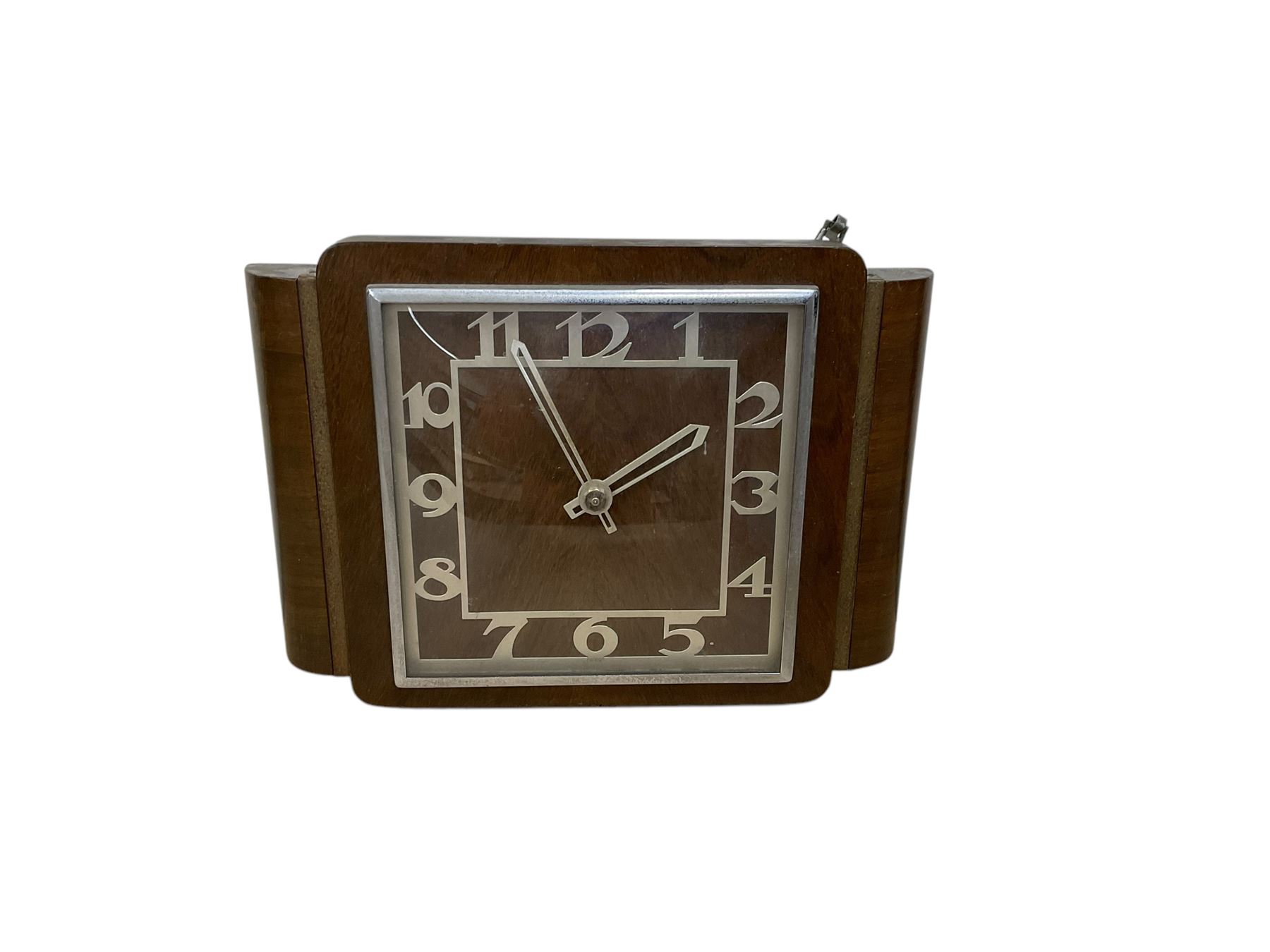 20th century Nauticalia aneroid barometer and a 1950’s hanging wall clock in a rectangular mahogany case, spring wound and set from the rear.