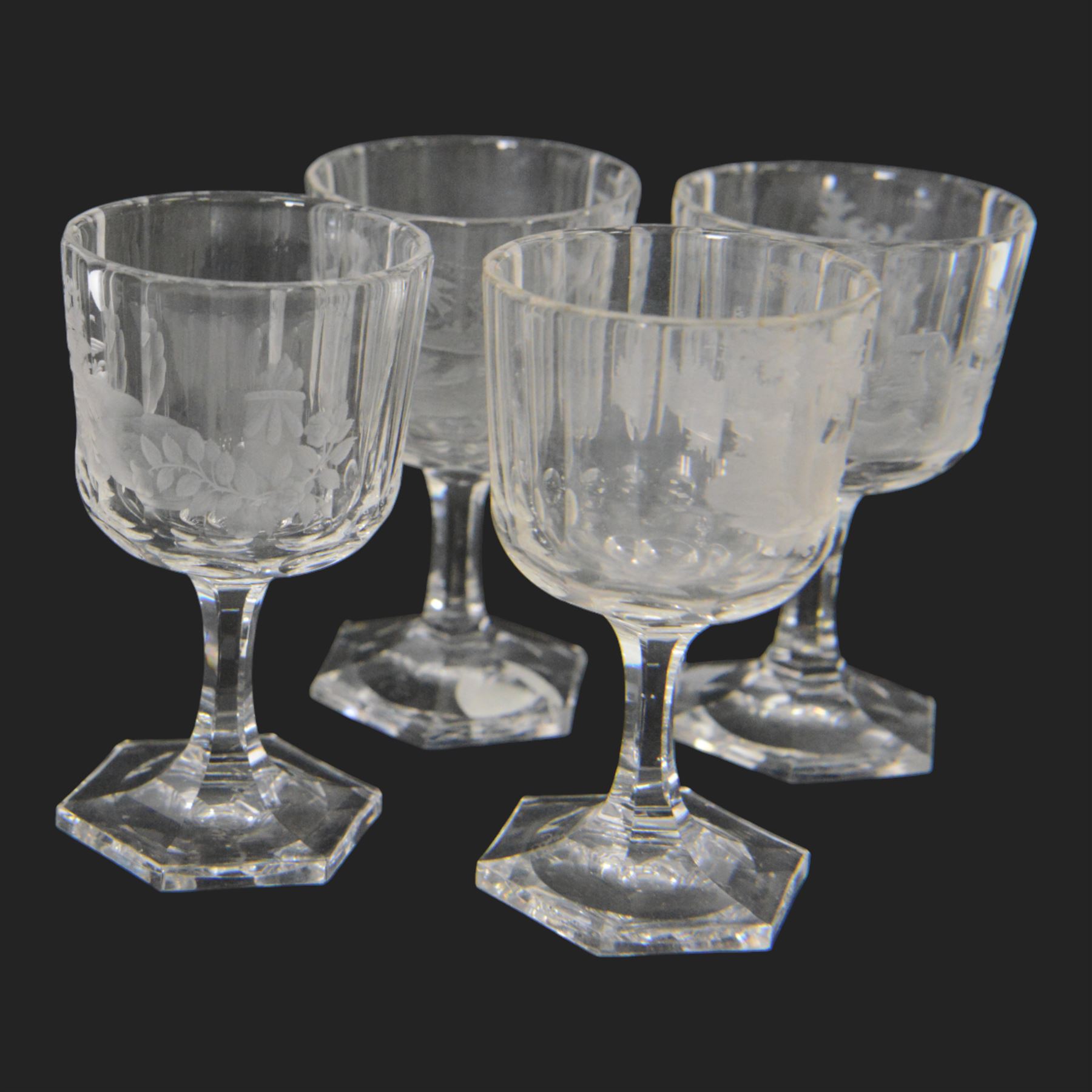 Set of four Galle, Nancy, intaglio engraved liqueur glasses, Gallé, Nancy, circa 1880, each with faceted bucket bowl engraved with animals within landscape settings, upon hexagonal stems and hexagonal feet, two examples engraved 'Galle Reinemer a Nancy', one engraved 'Galle a Nancy', and one unsigned, H7cm