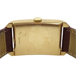 Longines gentleman's 14ct gold tank wristwatch, Cal 22L, serial No. 7593519, case No. 811582, the rectangular silvered dial with diamond set hour markers and subsidereary seconds dial, stamped 14K, on tan leather strap with original buckle, boxed