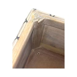 Oka - contemporary mango wood upholstered ottoman, rectangular frame with a printed cotton dhurrie featuring a diamond pattern and wavy stripe border, fitted with brass hinges, decorative studs, and handle