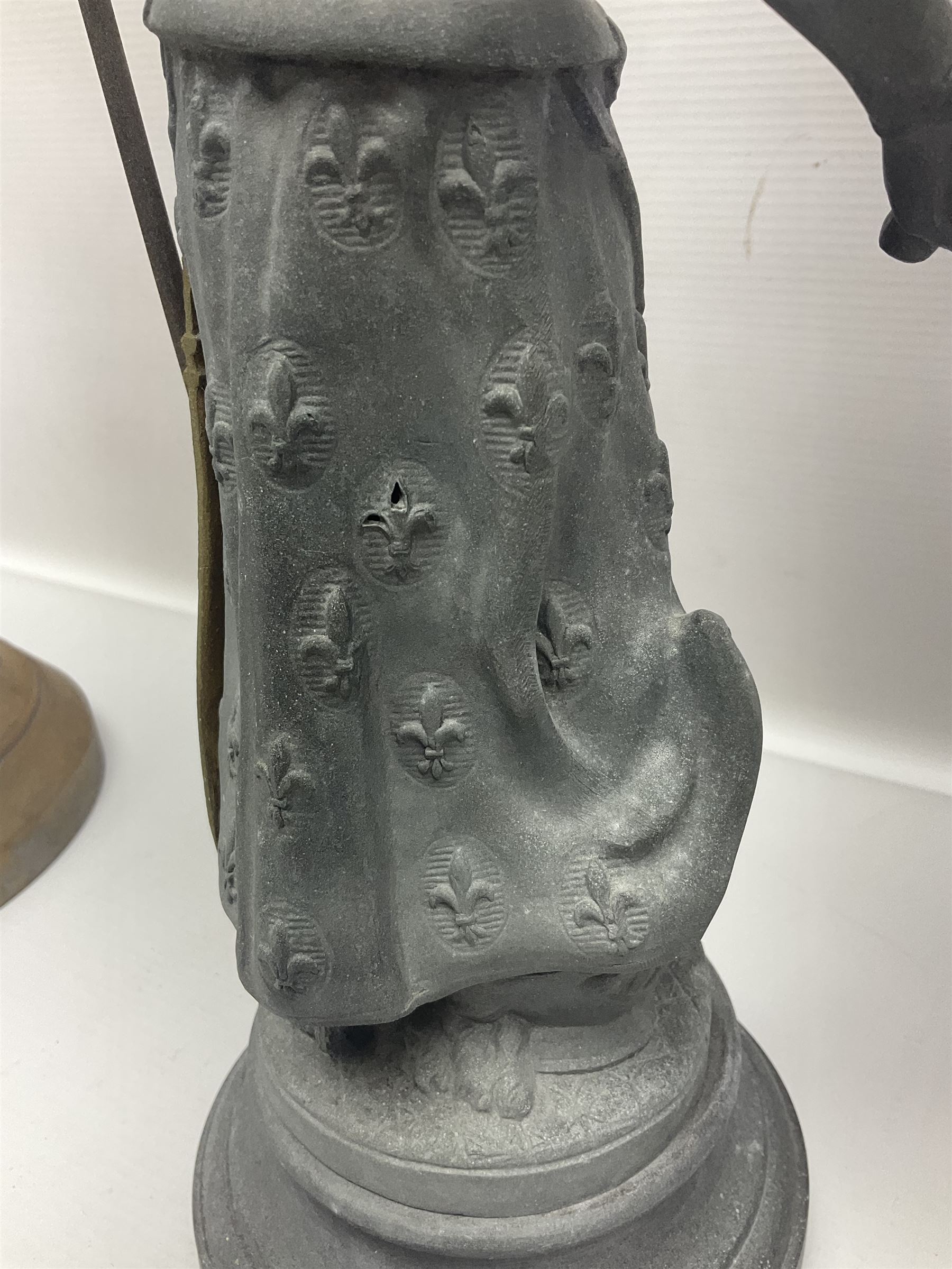 Pair of spelter figures modeled as Cavaliers, together with a spelter figure of Joan of Arc, largest H52cm