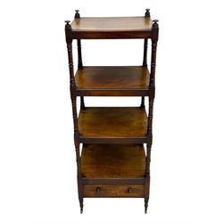 Early 19th century mahogany whatnot, with four rectangular shelves, the lower shelf fitted with a single drawer, supported by slender turned columns, raised on turned supports with brass castors