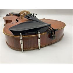 Two three-quarter size violins - German Saxony with 34cm one-piece maple back and ribs and spruce top; L56cm overall; and Hungarian with 34cm two-piece maple back and ribs and spruce top; L56cm overall; each in carrying case with bow (2)