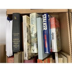 Collection of books, to include The Meccano Magazine Anthology, Committed to the Cleansing Flame, The Story of Some English Shires, A Miniature History of the English House and novels by Richard Adams and Bernard Cornwell etc, in six boxes