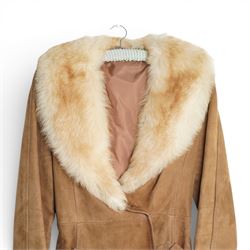 Mink coat, 1970s lamb fur trimmed coat, suede coat and Tom Bawker cream coat, and two pairs of ladies shoes approx size 8 (6)